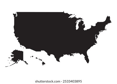 Colour map of the USA. The outline of the USA with a fill. Black map.