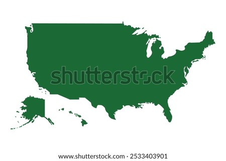 Colour map of the USA. The outline of the USA with a fill. Green map.