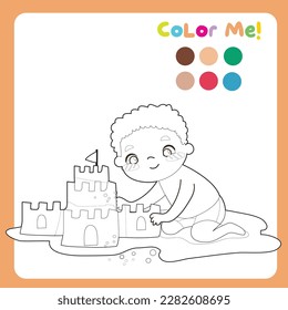 Colour me: colouring page kids doing the summer activities on the beach. A curly brown hair boy making a sandcastle on the beach. Coloring activity. Vector file.