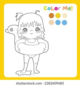 Colour me: colouring page kids doing the summer activities on the beach. Colouring page with summer theme. Blonde little girl swimming using duck floaties. Coloring activity. Vector file.