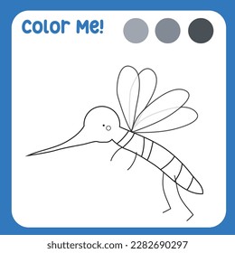 Color: niños de página coloreados con insectos temen un mosquito lindo. La coloración de los niños. Colorando la hoja de cálculo animal. Ilustración vectorial en blanco y negro. Educación en habilidades motoras. Archivo de vector