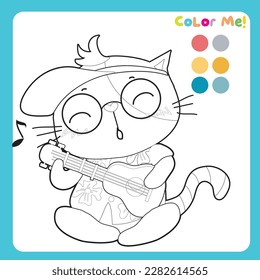 Colour me: Colouring page with summer theme. A cute grey cat playing guitar and wearing summer shirt. Coloring activity. Vector file.