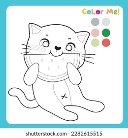 Colour me: colouring page with summer theme. A cute and kawaii grey cat eating watermelon. Coloring activity. Vector illustrations file.