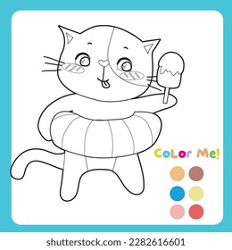 Colour me: Colouring page with summer theme. A cute and kawaii cat eating ice cream during the summer and using a colourful floaties. Coloring activity. Vector file.