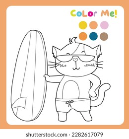 Colour me: Colouring page with summer theme. A cute cat ready for surfing on the summer. Coloring activity. Vector file.