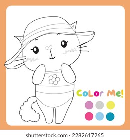 Colour me: Colouring page with summer theme. Cute white cat wearing bikini and beach hat. Coloring activity. Vector file.