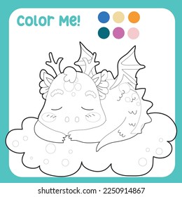 Colóquenme con estos colores. Adorable página de coloración de dragones para niños. Colorante actividad de página bebé dragón durmiendo en la nube. Ilustración vectorial de dragón. 