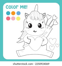 Colour me with these colours. Adorable unicorn colouring page for kids. Colouring page activity cute cupid unicorn with the love arrows. Cute dragon vector illustration. 