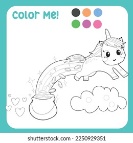 Colour me with these colours. Adorable unicorn colouring page for kids. Colouring page activity kawaii unicorn with St. Patrick’s Day theme. Cute dragon vector illustration. 