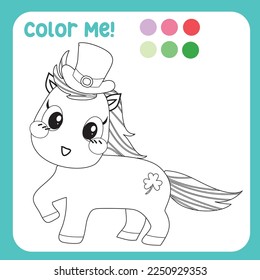 Colóquenme con estos colores. Adorable página de color de unicornio para niños. Coloriendo la actividad de la página kawaii unicorn con el tema del Día de San Patricio. Ilustración vectorial de dragón. 