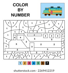Colour in the numbers on the big train Educational game for kids and teens Black and white illustration Colouring page