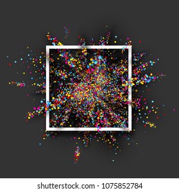 Explosión de pintura de color en marco blanco sobre fondo gris. Ilustración vectorial.