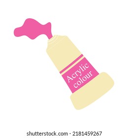 Colour, paint tube on white background. Used squeezed squashed pack of dye with spilled color splatters, splashes. Rolled package of acrylic. Vector illustration