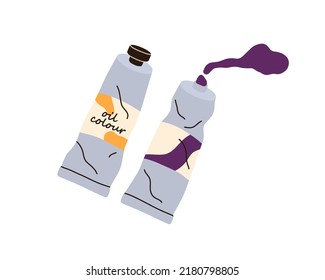 Colour, paint tubes. Squeezed squashed wrinkled packs of dye with spilled oil color splash. Used packages, drawing supplies. Flat vector illustration isolated on white background