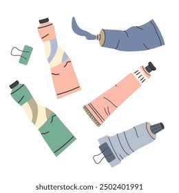 Colour, paint tubes. Squeezed squashed wrinkled packs of dye with spilled oil color splash. Flat illustration isolated on white background