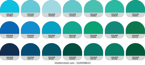 Colour Palette Catalog Samples Green, Blue, Cyan in CMYK and RGB HEX. Neomorphism Green, Blue, Cyan Vector gradient