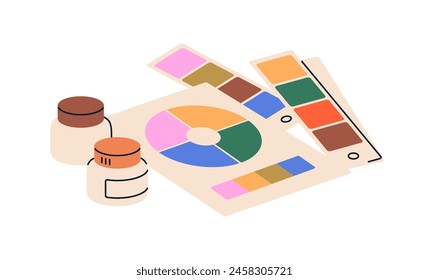 Colour palette, swatch. Paint sampler, color wheel, fan. Coloring samples, pallet, schemes for matching, selection hues in creative art, design. Flat vector illustration isolated on white background