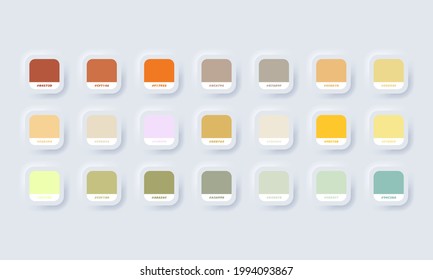 Colour palette. Vector. Catalog samples yellow and green in RGB HEX. Color Catalog. Neumorphic UI UX white user interface web button. Neumorphism. Vector EPS 10.