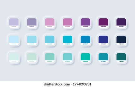 Colour palette. Vector. Catalog samples blue and purple in RGB HEX. Color Catalog. Neumorphic UI UX white user interface web button. Neumorphism. Vector EPS 10. Arkistovektorikuva
