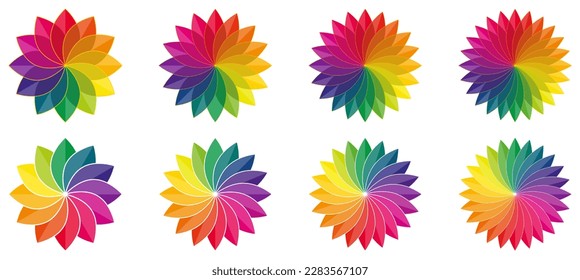 Colour palette wheel shaped like flower, petals with golden rim. Version with 12 to 24 leaves