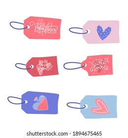 Colour paper tags set. Valentines day sale labels with rope. Craft price gift box tag with cord. Flat vector hand drawn Isolated cardboard vintage decorative frames template with text and hearts