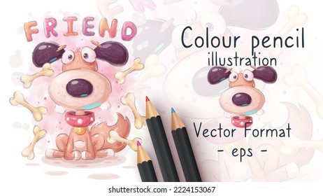 Colour pencil cartoon character adorable dog, pretty animal idea for print t-shirt, poster and kids envelope, postcard, sublimation. Cute hand drawn pet. Vector eps 10