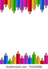 Colour pencils border isolated on white background. Education and creativity concept. Vector frame with place for text. Back to school illustration