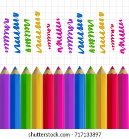 Colour pencils and colorful strokes on copy-book paper background. Education and creativity concept. Vector illustration