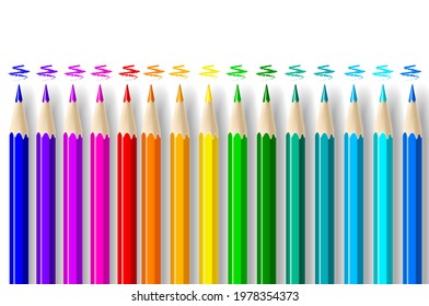 Colour pencils rainbow style, scale colour of colour pencils. Multicoloured pencils for children. Stationery. School supplies. Vector illustration.