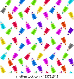 Colour pencils randomly scattered on white background. Abstract flat styled bright colors illustration. Vector pencils. School instrument and children art idea.