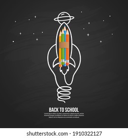 Colour pencils rocket launching with doodles on blackboard, welcome back to school background