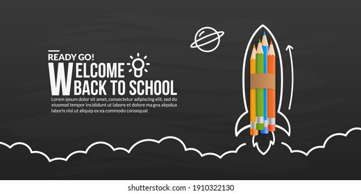 Colour pencils rocket launching with doodles on blackboard, welcome back to school background