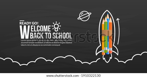 Colour pencils rocket launching with\
doodles on blackboard, welcome back to school\
background
