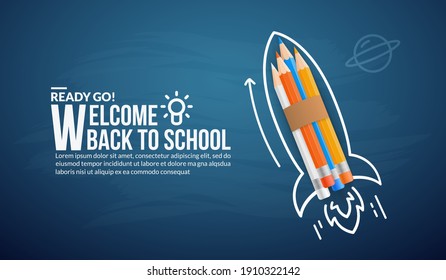 Colour pencils rocket launching to space on blue background, welcome back to school concept