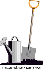 colour picture a shovel stuck in the ground near watering can