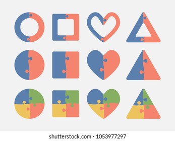 Colour Puzzle Shape - Circle, Square, Heart, Triangle. Vector Puzzle Illustration Template Shape. Jigsaw Puzzle Card. Piece Puzzle Object.