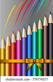 Colour rainbow pencils set and colored pencil lines on gray background. Vector illustration.