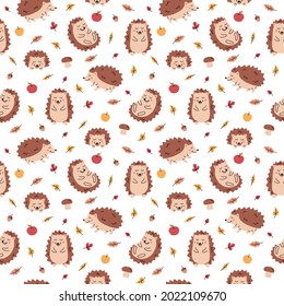 Colour seamless pattern with hedgehogs, apples, mushrooms and fall leaves. Autumn woodland animal background. Perfect for kids fabric print, wrapping paper, scrapbook paper and other.