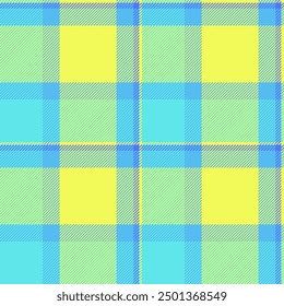 Colour seamless textile fabric, symmetry vector check background. Age pattern texture tartan plaid in cyan and lime colors palette.