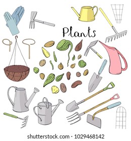 Colour set with different gardening tools. Object for growing plants at home isolated on white background