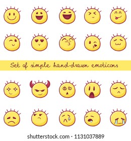 Colour Set of Simple Hand-drawn Emoticons. Sketch of doodle face, smiley, isolated on white background. 