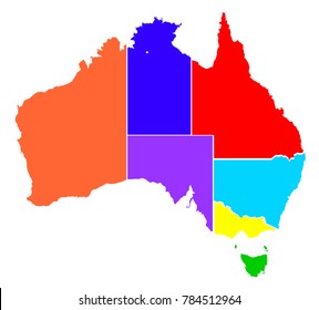 Colour silhouette map of the Australian states over a white background