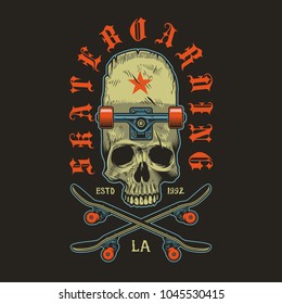 Colour skateboarding print with skate and skull. Vector illustration