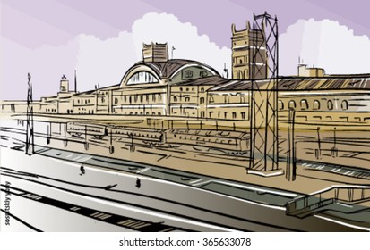 Colour sketch of railway station