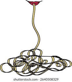 Colour sketch of a woman eating spaghetti. Vector cartoon illustration. Line template for advertising, posters and banners, simple funny illustrations with woman eating spaghetti.	