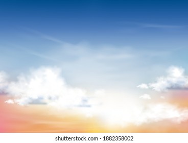 Colour sky with white clouds background, Vector mesh of nature pink, yeloow and orang sky in Summer or spring,Horizon Sunset or sunrise  and fluffy cloud in morning