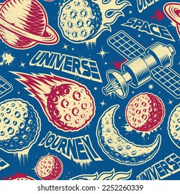 Colour space seamless background in vintage style with design elements such as planets, satellite