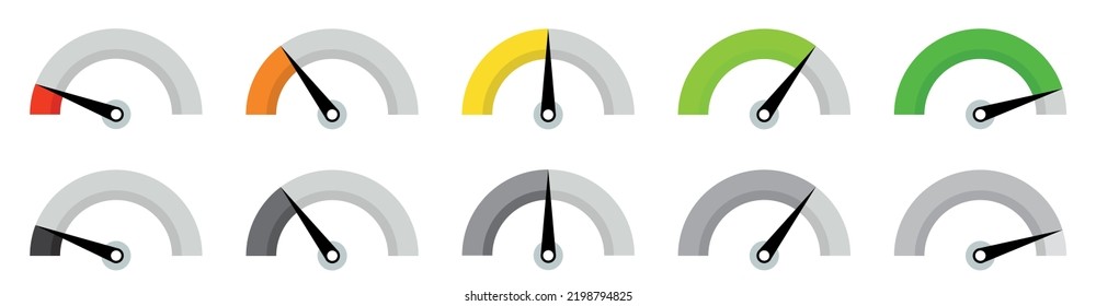 Colour speedometer set. Meter level. Good and Bad meter. Colored scale. Gauge. Indicator with different colors. Gauge, dashboard, scale, indicator. Customer satisfaction level meter.