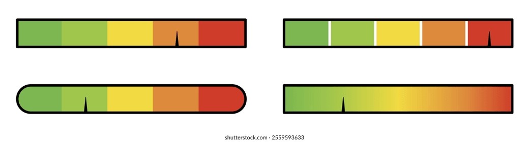 Colour speedometer set. Meter level. Good and Bad meter. Colored scale. Gauge. Indicator with different colors.