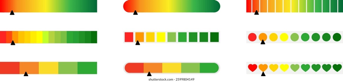 Colour speedometer set. Meter level. Good and Bad meter. Colored scale.	
